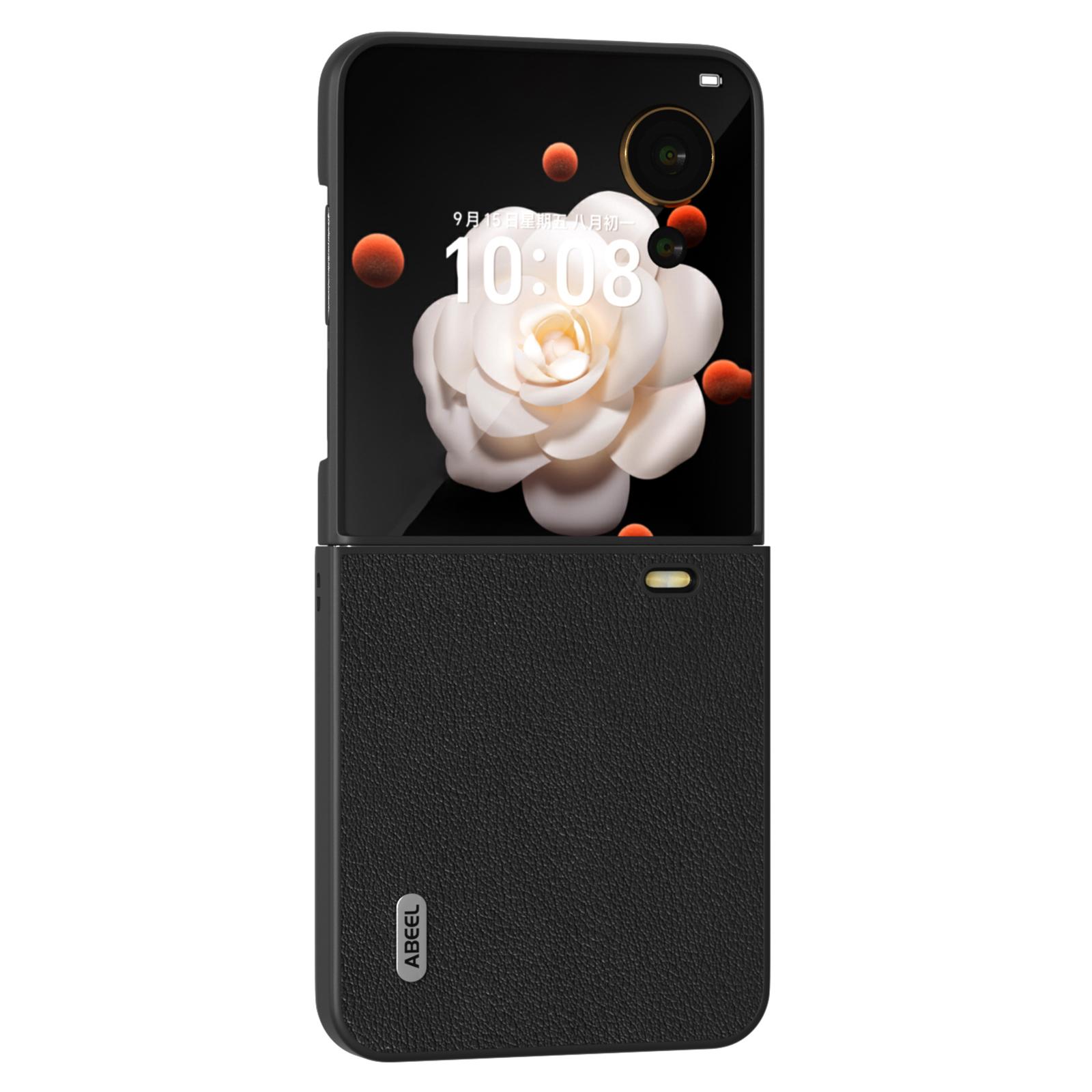 

For Honor Magic V Flip 5G Case Wave Texture Genuine Cow Leather+PC Phone Cover Black