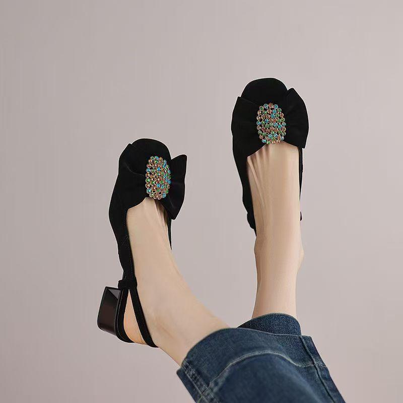 

Женские босоножки на массивном каблуке с открытым носком и бантом - без задника, из мягкой кожи, на среднем каблуке для комфорта весной и летом Size 38