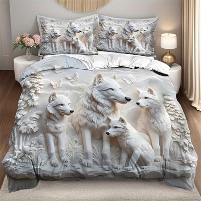 2/3pcs Duvet Cover Set 1 Duvet Cover + 1/2 Pillowcase, Without Core, 3D Minimalist Sculpture Of White Wolf Pack Animals Printed