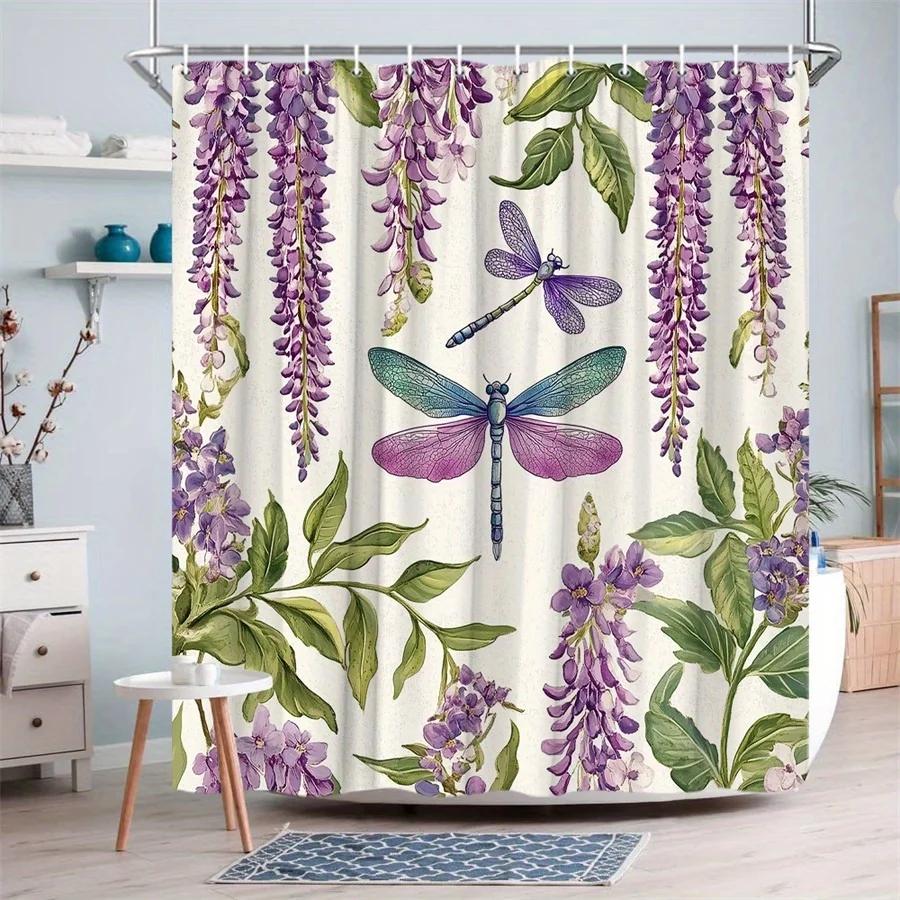 

1Pc Dragonflies And Wisteria Shower Curtain, Blue And Purple Dragonflies With Cascading Wisteria Flowers, Vintage Botanical Styl W60H190(CM)-1 Pcs