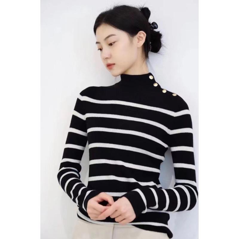 Autumn New Fashion Versatile High-end Striped Sweater Sweater Women's Chic Western Style Bottoming Shirt Top