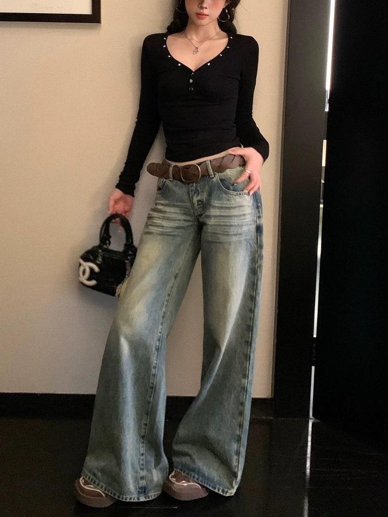 Korean Style V-Neck Button Long Sleeve Slim Fit T-Shirt for Women, Autumn 2025