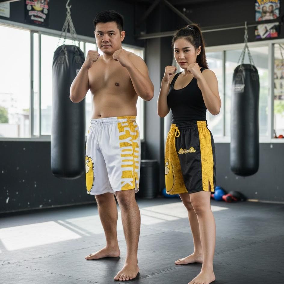 Desenho Animado Anime Japonês Psyduck Muay Thai Kickboxing Shorts de Treino Estampa Artes Marciais Boxeador Unissex Homens Mulheres Criança Luta Fitness Esporte Academia Treino