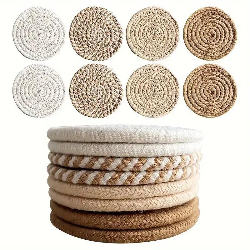 8-Piece Set Absorbent Coasters for Drinks Minimalist Cotton Woven Coasters Coffee Table Decor Boho Cute Cup Coasters Trivet Mat
