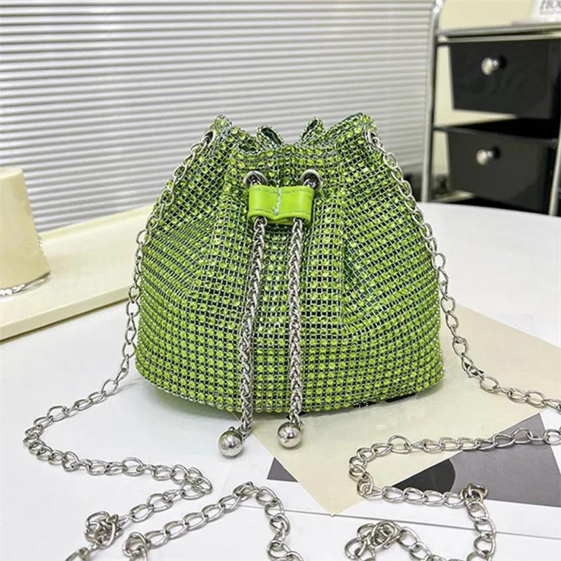 Sparkling Rhinestone Embellished Drawstring Crossbody Bag for Women Multi-Functional Bucket Purse with Detachable Chain Strap