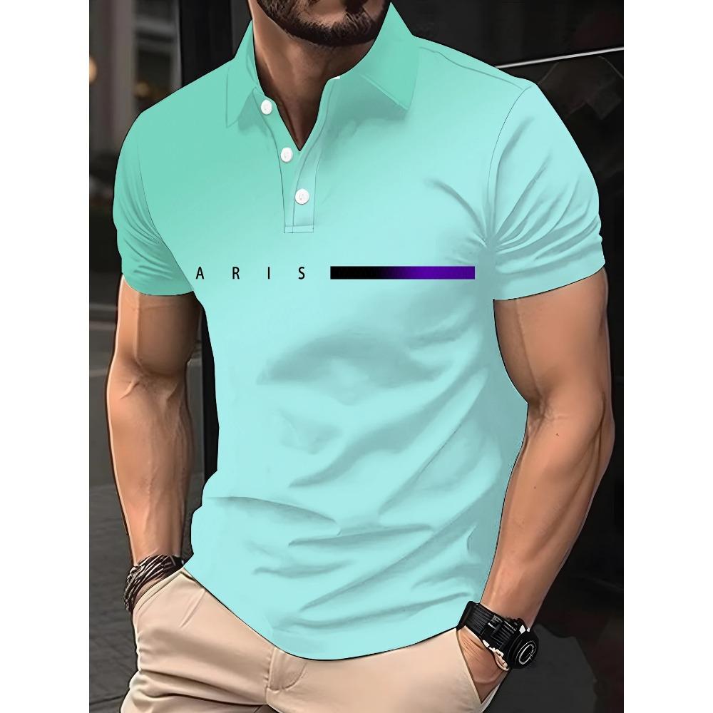 Men's casual button printed polo shirt, short sleeved regular T-shirt