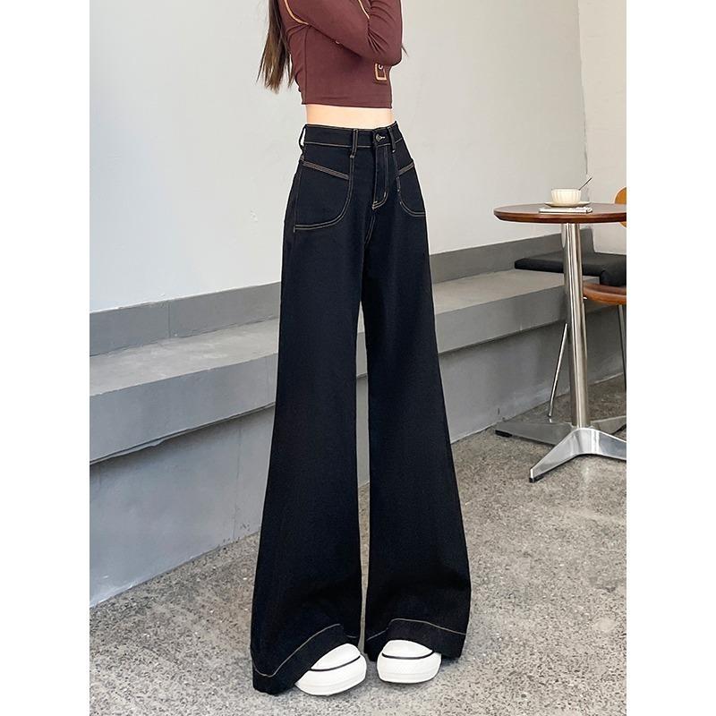 

Джинсы клеш широкие для женщин Весна Новые с высокой посадкой Свободный дизайн Утягивающие Прямые расклешенные брюки 4XL чёрный