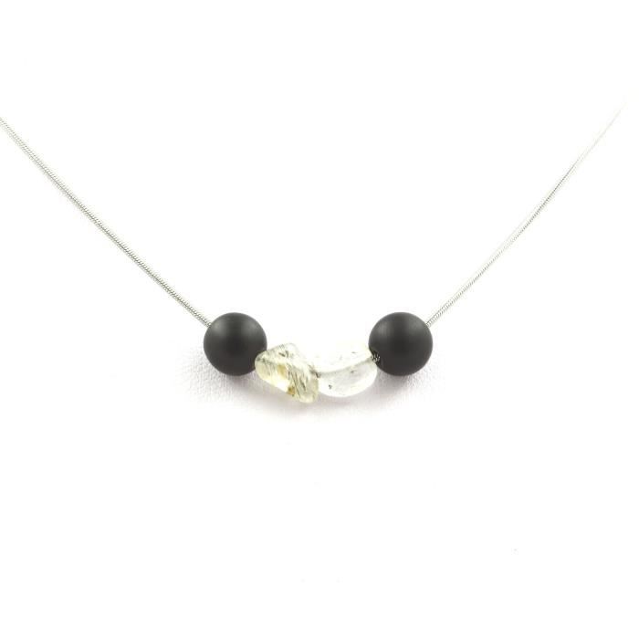Collier - A Bijoux - Quartz Tourmaline rutile - Perles Onyx noir mat - Acier inoxydable - Mixte