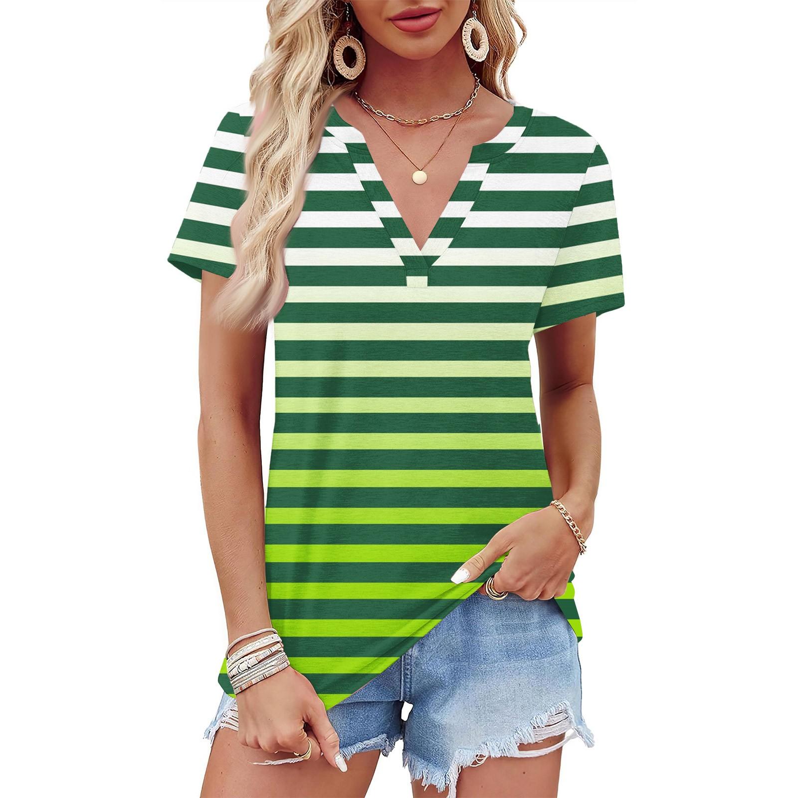

Женская летняя рубашка с коротким рукавом и V-образным вырезом в полоску с градиентным принтом, деловая повседневная свободная футболка, модная одежда, топы XXL