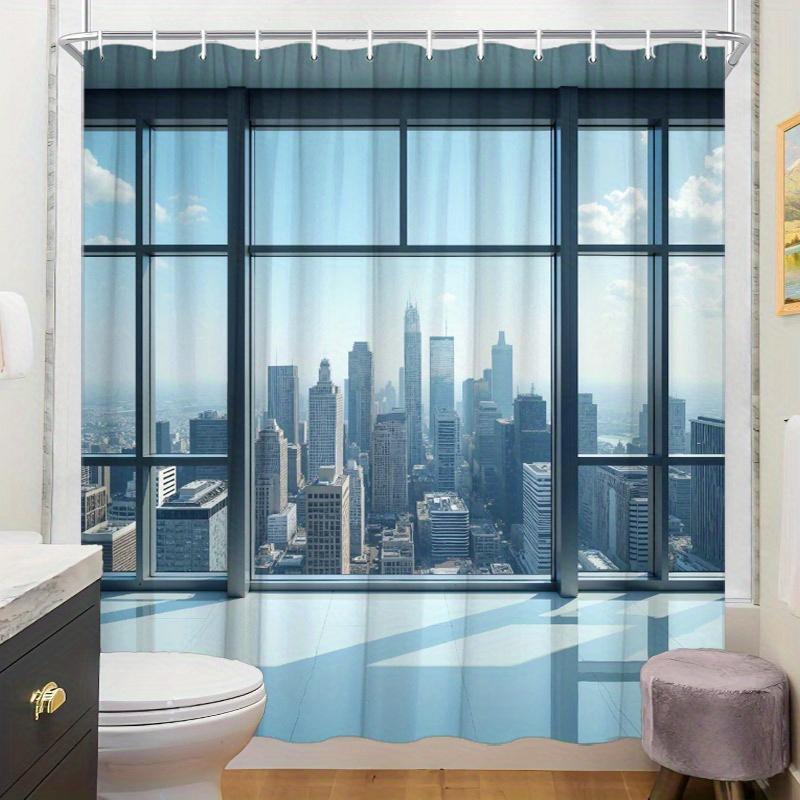 1pc Urban Cityscape Shower Curtain - High-Rise Buildings & Clear Sky, 70.8x70.8", 12 Hooks, Polyester, Washable & Durable