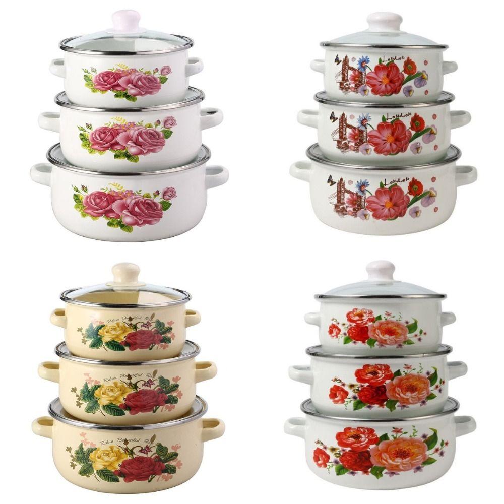 3pcs 16/18/20cm Enamel Pot Visible Floral Stew Soup Pot Multi-Purpose with Lid Kitchen Cookware Set Gas Induction Cooker