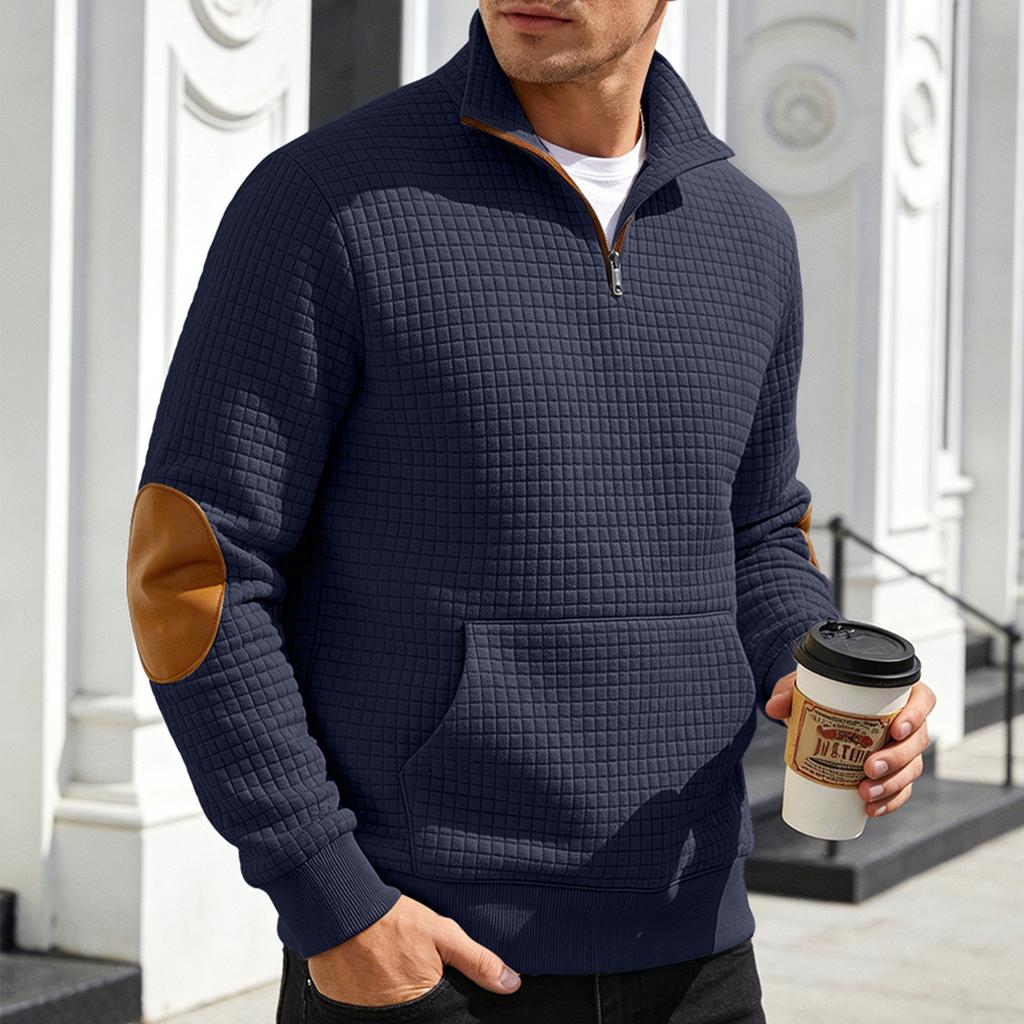 Men's Plaid Half Zip Long Sleeve Stand Collar Casual Sweatshirt