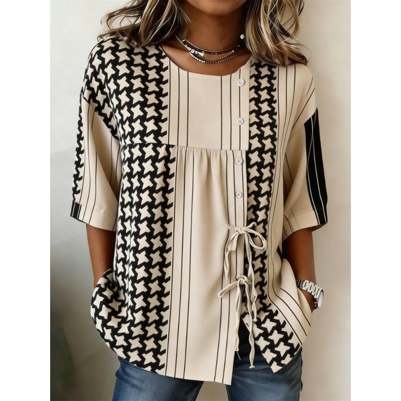 Women's Geometric Striped Print Casual Blouse, Button Tie Front Loose Top with Pockets for Spring Summer Daily Wear