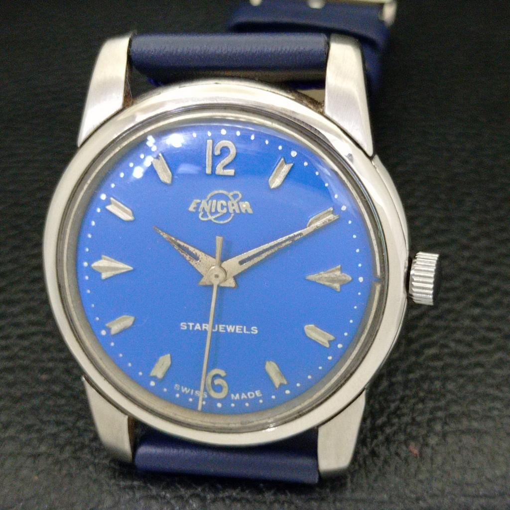 USED ENICAR STAR JEWELS HAND-WINDING SWISS MENS BLUE COLOR DIAL WATCH A431425-2 R107-a431425