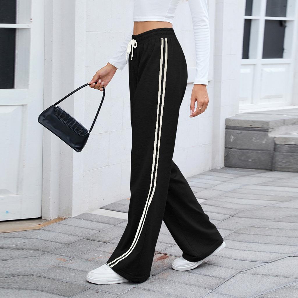 Women's Fashionable Solid Color Pocket Straight Leg Elastic Waist Casual Pants