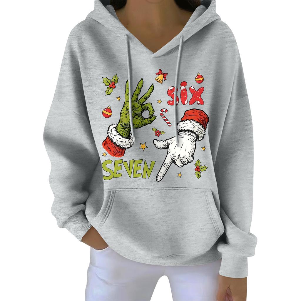 Damenmode Damen Leichter Langarmpullover mit Taschen Preppy Graphic Hoodie