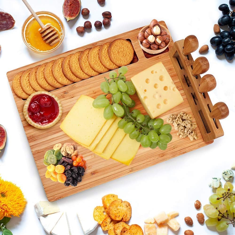 Bamboo Cheese Board Charcuterie Boards Set & Serving Tray for Meat and Wine Birthday Gifts for Women Wedding Gifts for Couples