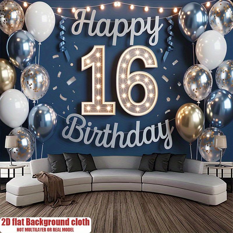 Happy 16th Birthday, 1pc Polyester Party Backdrop Banner, Photo Booth Background, Wall Decor