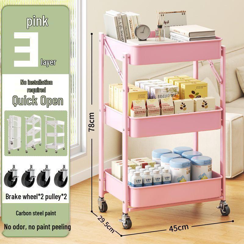 Compact Folding Carbon Steel Storage Cart for Kitchen or Bedroom
