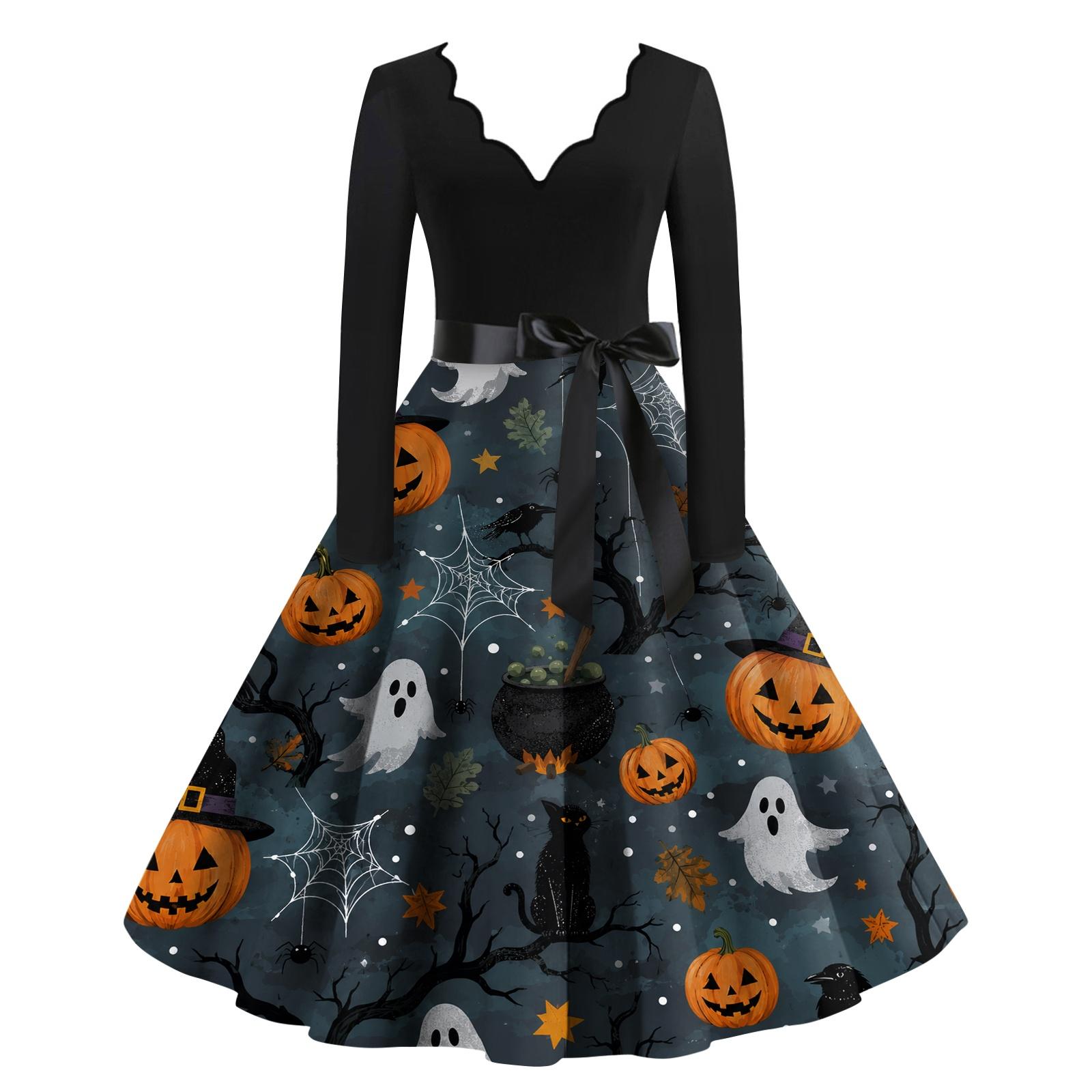 Women s Halloween Print V Neck Long Sleeve Casual Party Dress XXXL