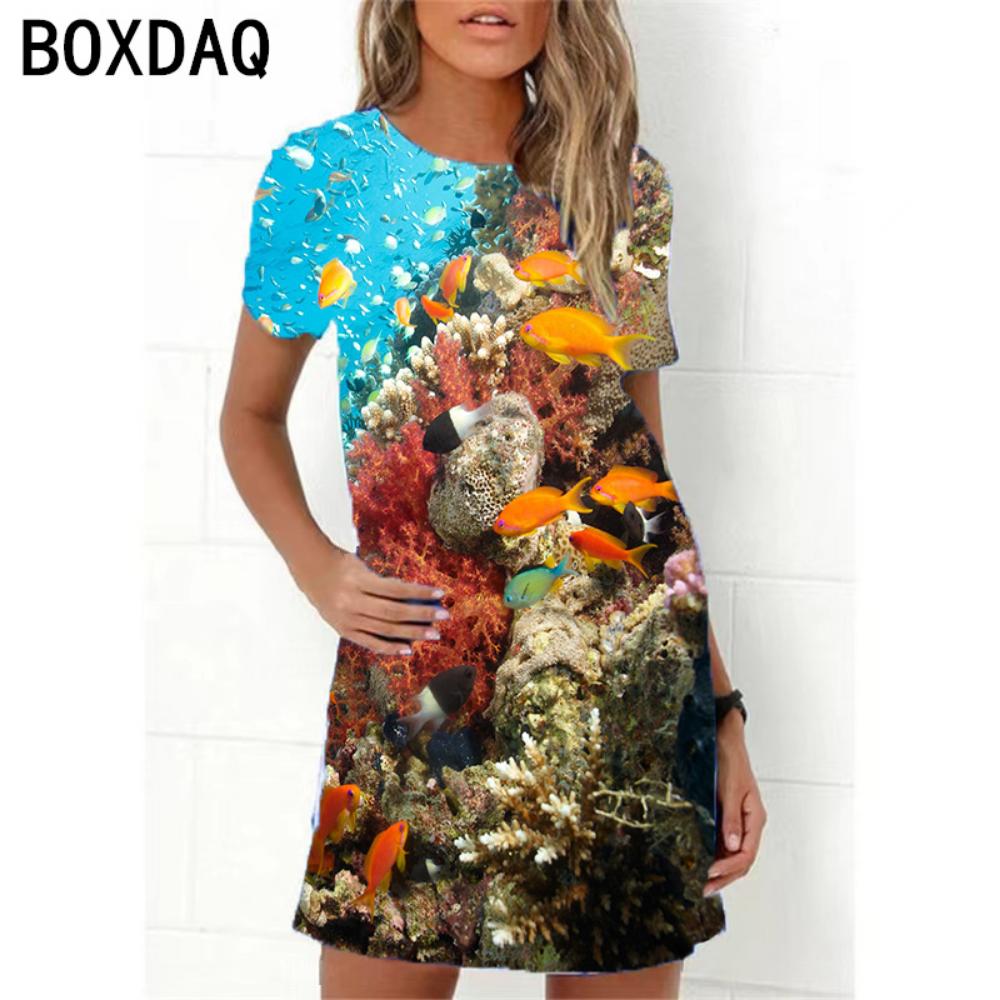 Ocean World 3D Print Dress Women New 2026 Summer Short Sleeve Cartoon Fish A-Line Dress Oversized Loose Casual Ladies Dress