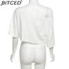 BITCED Spring Women's Solid Color Loose Cropped Top with Fashionable Off-Shoulder Collar and Printed Short Sleeves