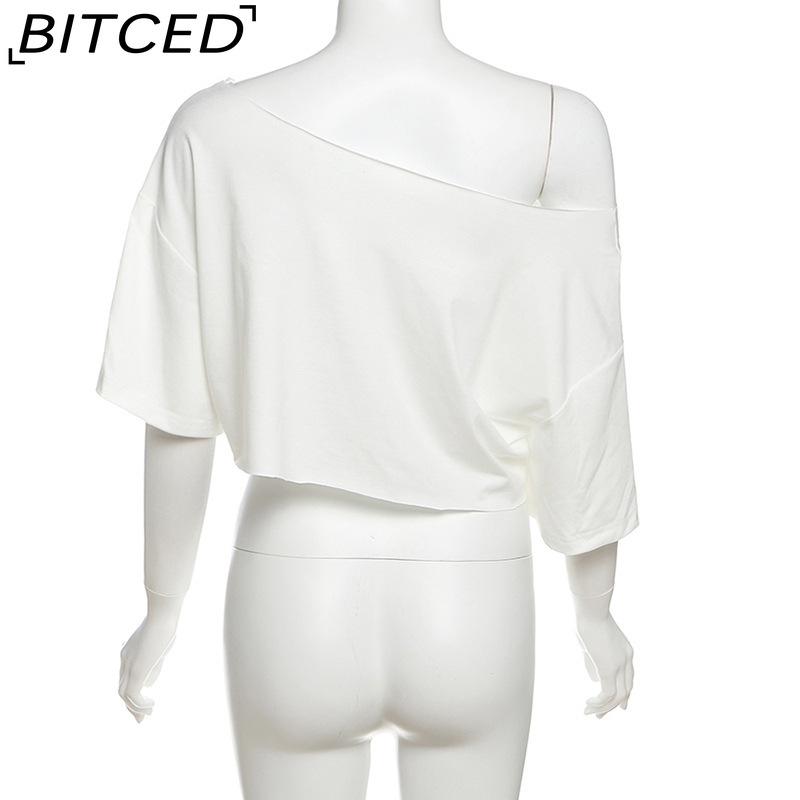 BITCED Spring Women's Solid Color Loose Cropped Top with Fashionable Off-Shoulder Collar and Printed Short Sleeves