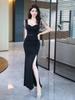 Elegant Black Square Neck Slit Dress - Women's Nightclub Evening Gown for Foot Bath Technician Workwear