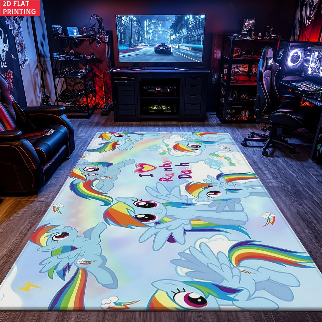 Cute Rainbow Pegasus Area Rug, Cloud Sky Theme Non-slip Floor Mat, Decorative Carpet for Kids Girls Bedroom, Washable Home Gift
