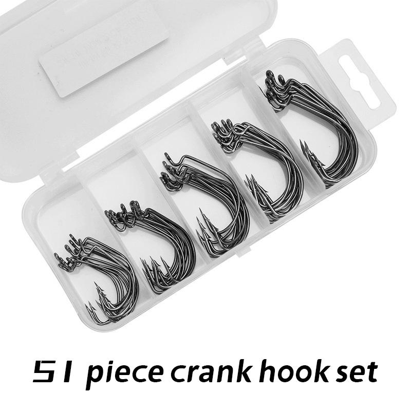 Small Five Grid Box Set Of 51 Crank Hooks, Black Nickel Fishing Hooks, Fishing Gear, Bait, And Hooks