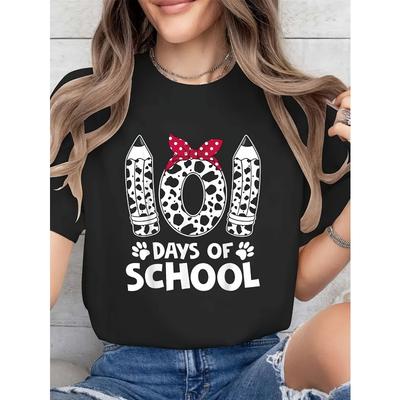 Europäische Größe Damen Kurzarm-T-Shirt-101 Tage Aufdruck Leopardenmuster, Bleistift und Herzmuster-Lehrer Lustiges Geschenk Kreativ-schwarz Rundhals Oberteil