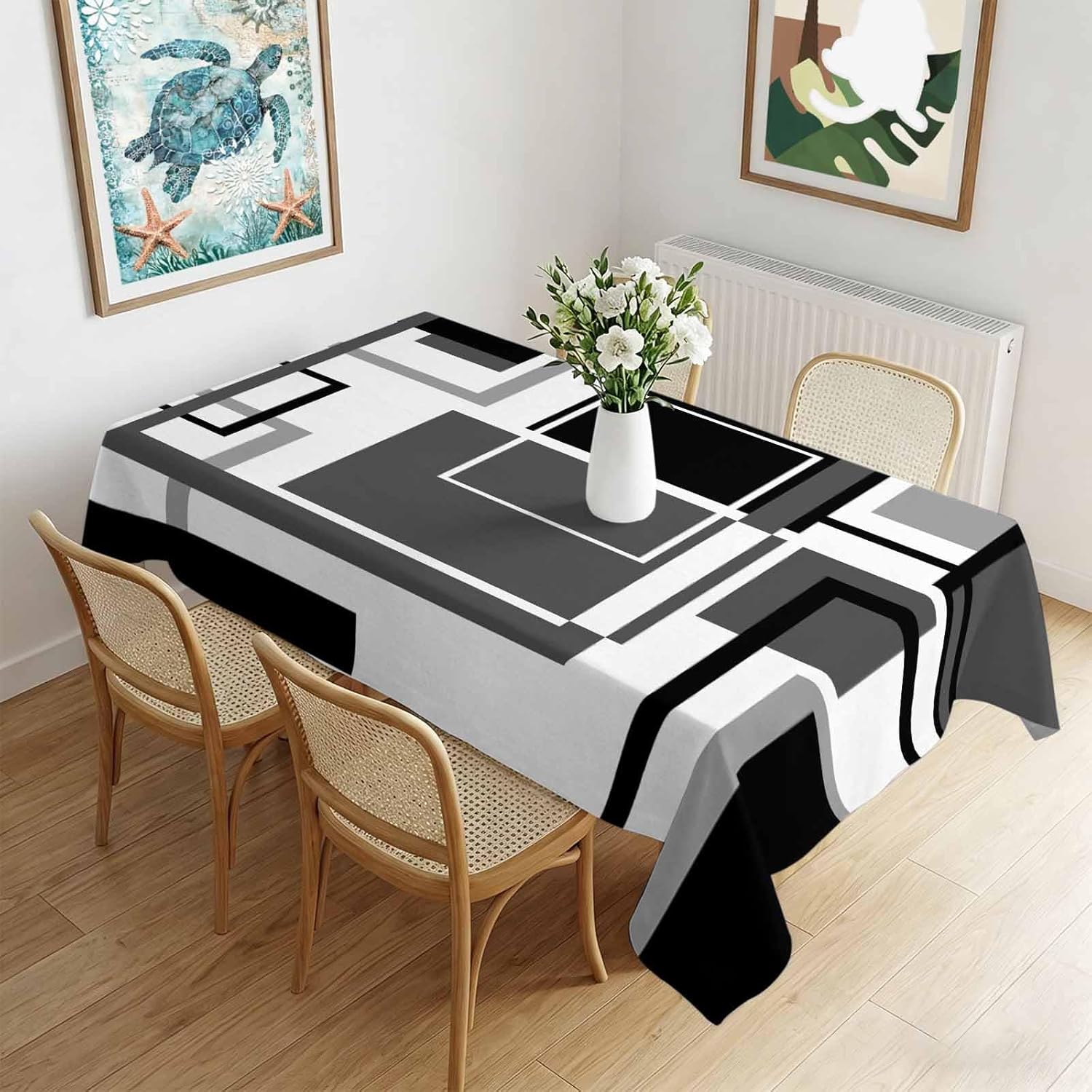 Moderne Rode Zwarte Witte Kunst Rechthoekige Tafelkleed voor Tafeldecoratie Abstract Geometrisch Print Keuken Eettafelkleed Feestdecoratie 140x140cm