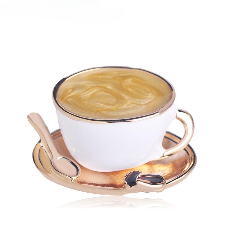 Cute Coffee Cup Spoon Disc Shaped Brooch Jewelry Pin Men Women Clothes Badge AVE