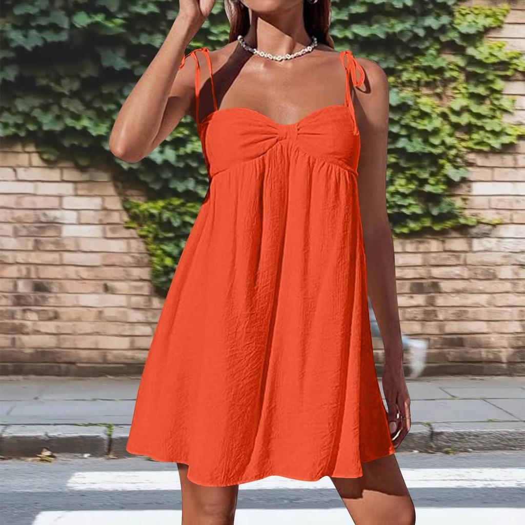 Women's Casual Loose Fit Sleeveless Tie Strap Dress Lightweight Breathable Fabric Summer Dress with Adjustable Shoulder Straps and Flared Hem