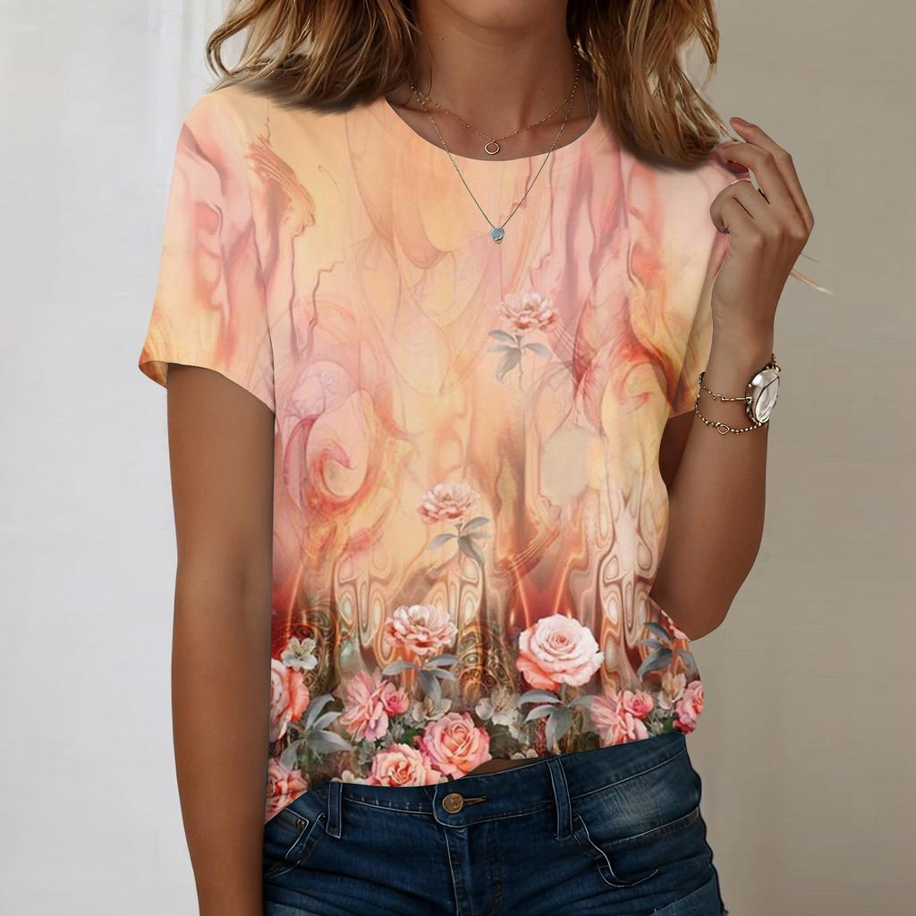 Women's Fashionable Casual Short-sleeved, Retro Printed Round-neck Top