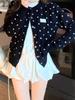 Petite Black Polka Dot Faux Two-Piece Knit Sweater Coat - Round Neck, Long Sleeve, Korean Style for Autumn/Winter
