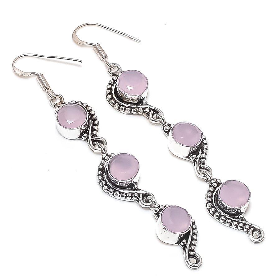 Natural Pink Chalcedony Gemstone 925 Sterling Silver Jewelry Earring 3.27" y2v08