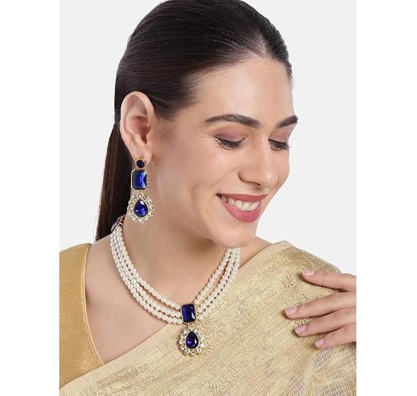 Gold Plated Kundan Long Necklace Earring Indian Traditional Jewellery Set for Women & Girls