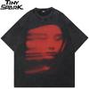 Herren gewaschenes schwarzes T-Shirt Harajuku Streetwear rotes Gesicht Grafik-T-Shirt Baumwolle Vintage-T-Shirt Hipster-Oberteile T-Shirt Unisex YK