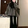 Women's Gray Patchwork Wool Coat with Stand-Up Collar - College Style Cardigan