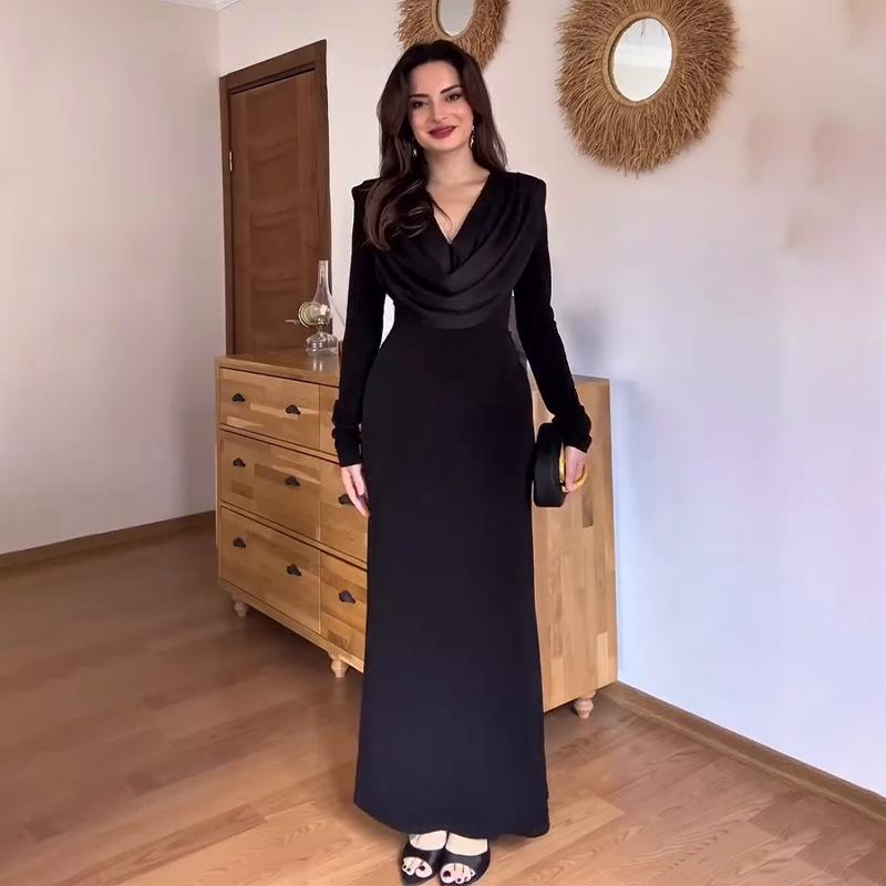 

Elegant V-neck Long Sleeve Bodycon Sheath Dress - Solid Color (2025 European & American Style) Triple Extra Large чорний
