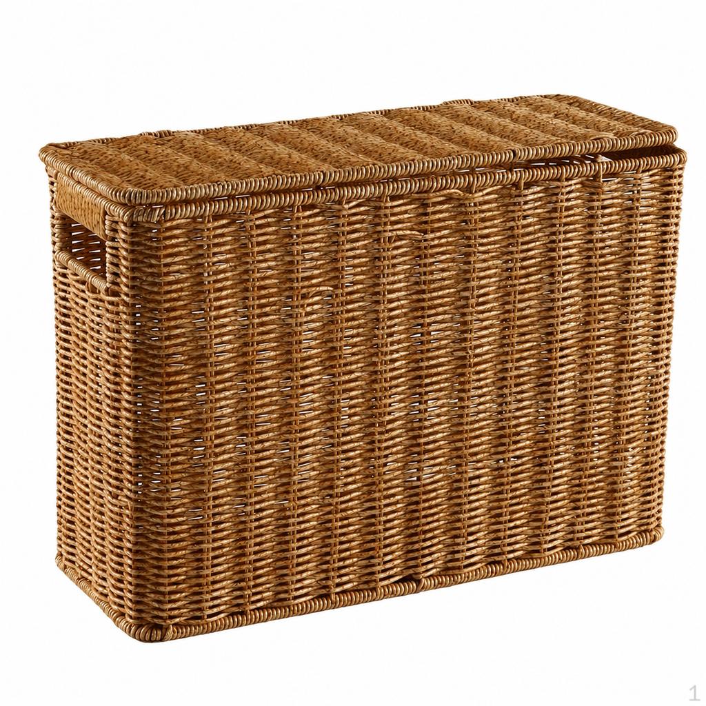 Woven Storage Baskets, Rectangular Wicker Basket with CutOut Handles, Tan Synthetic Rattan for