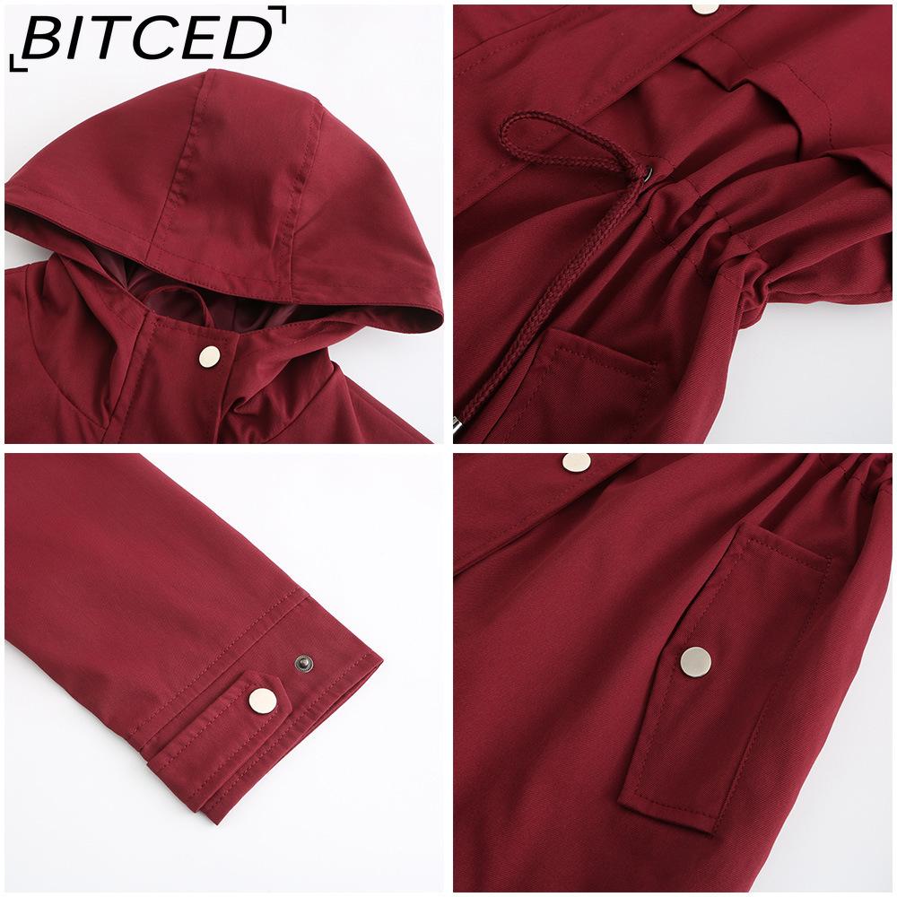 BITCED Lightweight Trench Coat Mid-Length Hooded Jacket Long Sleeves Fitted Waist Outdoor Rainproof Clothing