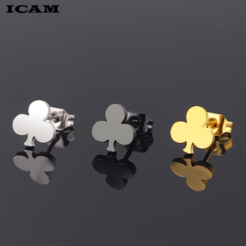 New Three Leaves Clover Flower Earrings Stainless Steel Poker Club Stud Earrings for Women Jewelry Gift