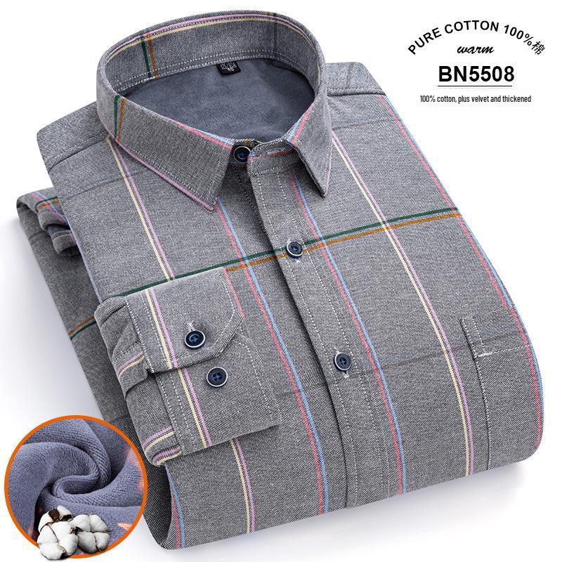 Men's Long Sleeve Cotton Plaid Shirt with Velvet Lining