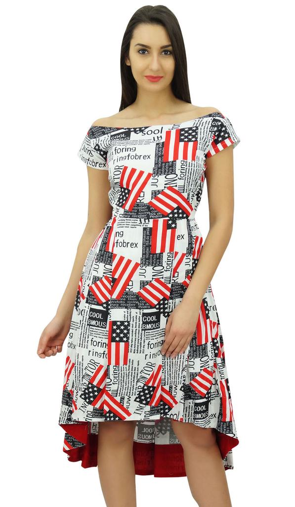 Bimba Women's Newspaper Print Asymmetrical Shift Dress Short Sleeve Boat