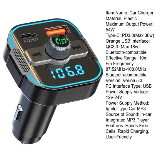 Dual-Port Car Charger with Bluetooth-compatible 54W Fast Charging Transmitter CVC Noise Cancellation Voltage Display Voice Assistant Car Adapter