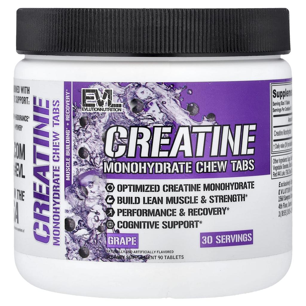 EVLution Nutrition Creatine Monohydrate Chewable Tablets, Grape, 90 Tablets
