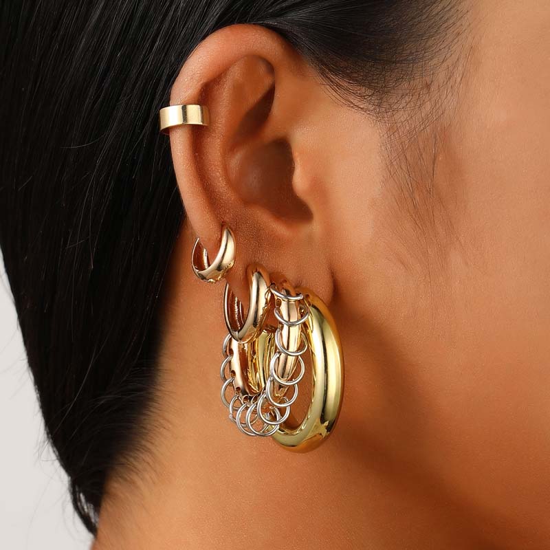 Vintage Gold Color C-Shaped Ear Clip for Women Exaggerated Metal Non-Piercing Ear Cuff Circular Earrings Party Jewelry Set Gifts