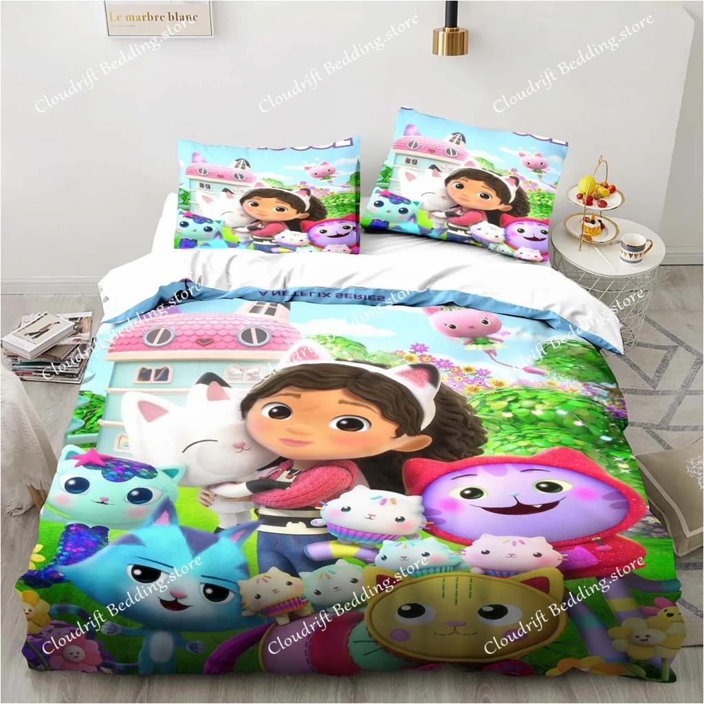 Pościel Gabby's Dollhouse Kreskówkowe Poszewki na Poduszki Poszwa na Kołdrę Dla Dziewczynki Dzieci Prezent Singiel Twin Full Queen Słodka Kawaii 3D Poszwa na Kołdrę